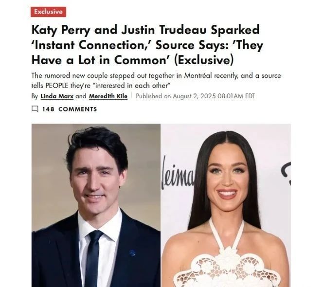 歌手水果姐Katy Perry和加拿大前总理特鲁多被曝一见钟情，此前共进晚餐画面曝光